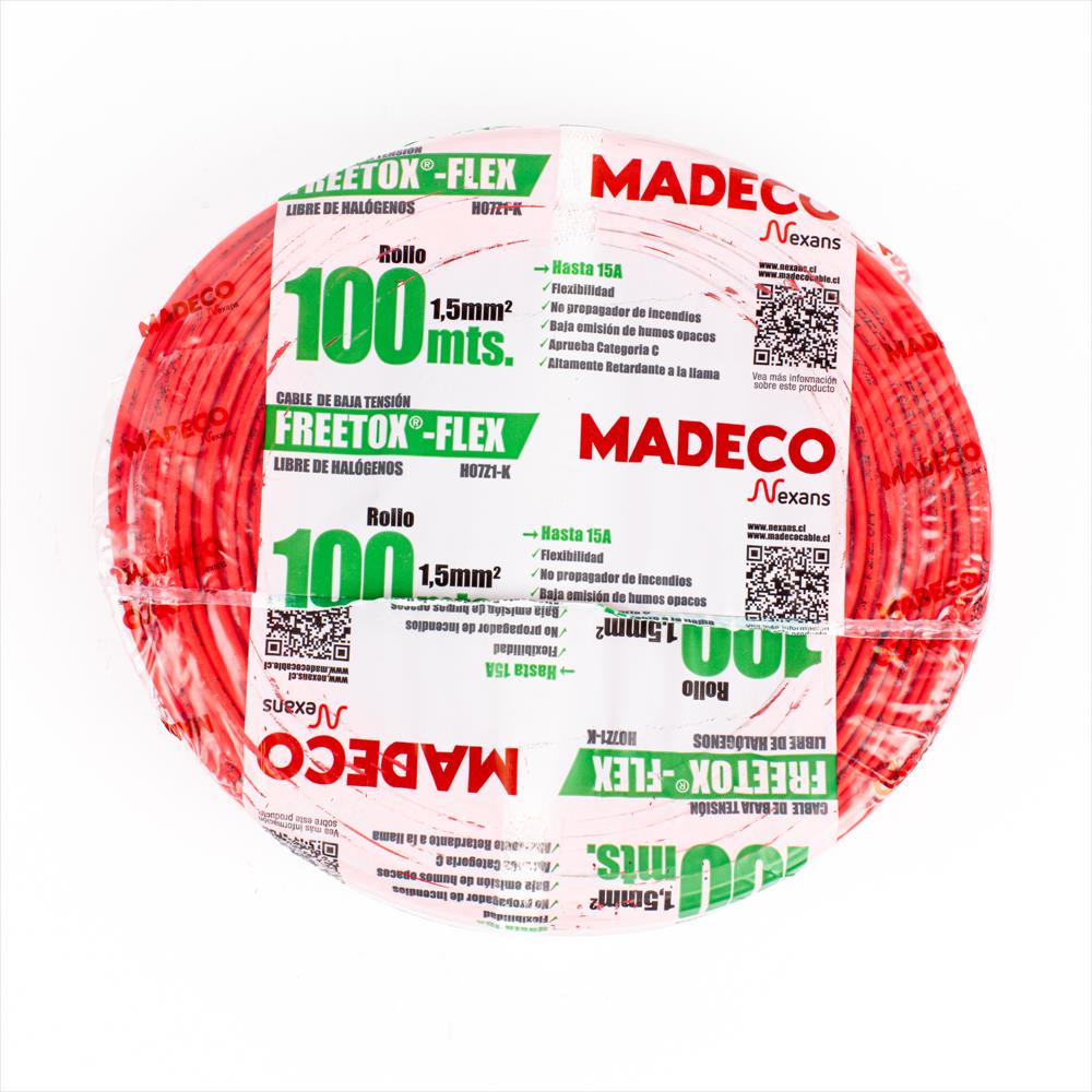 Cable libre de alógenos marca madeco colo rojo 1,5 mm2 rollo 100 metros